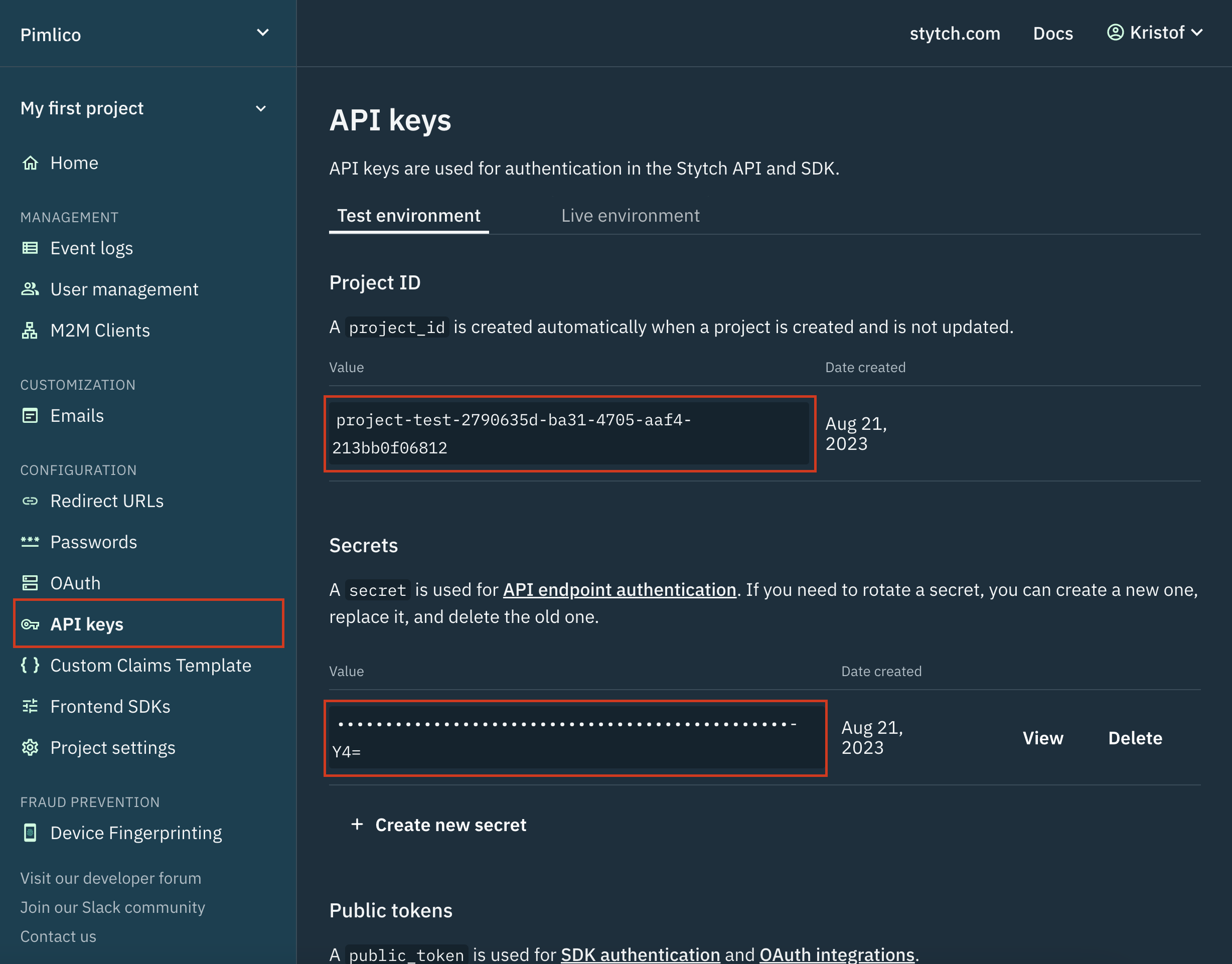 Stytch dashboard image